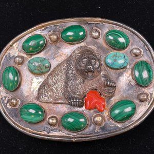 Old Pawn Navajo Sterling Turquoise Malachite Coral Angry Bear Belt Buckle (R143)